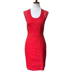Artelier Nicole Miller Red Linen Blend Sleeveless Sheath Dress Lace Waist Size 8